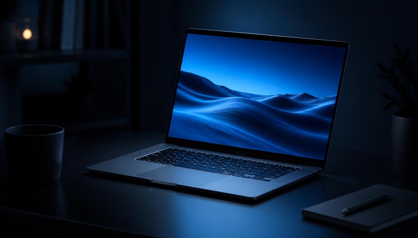 Laptop computer glowing blue in a dark workspace